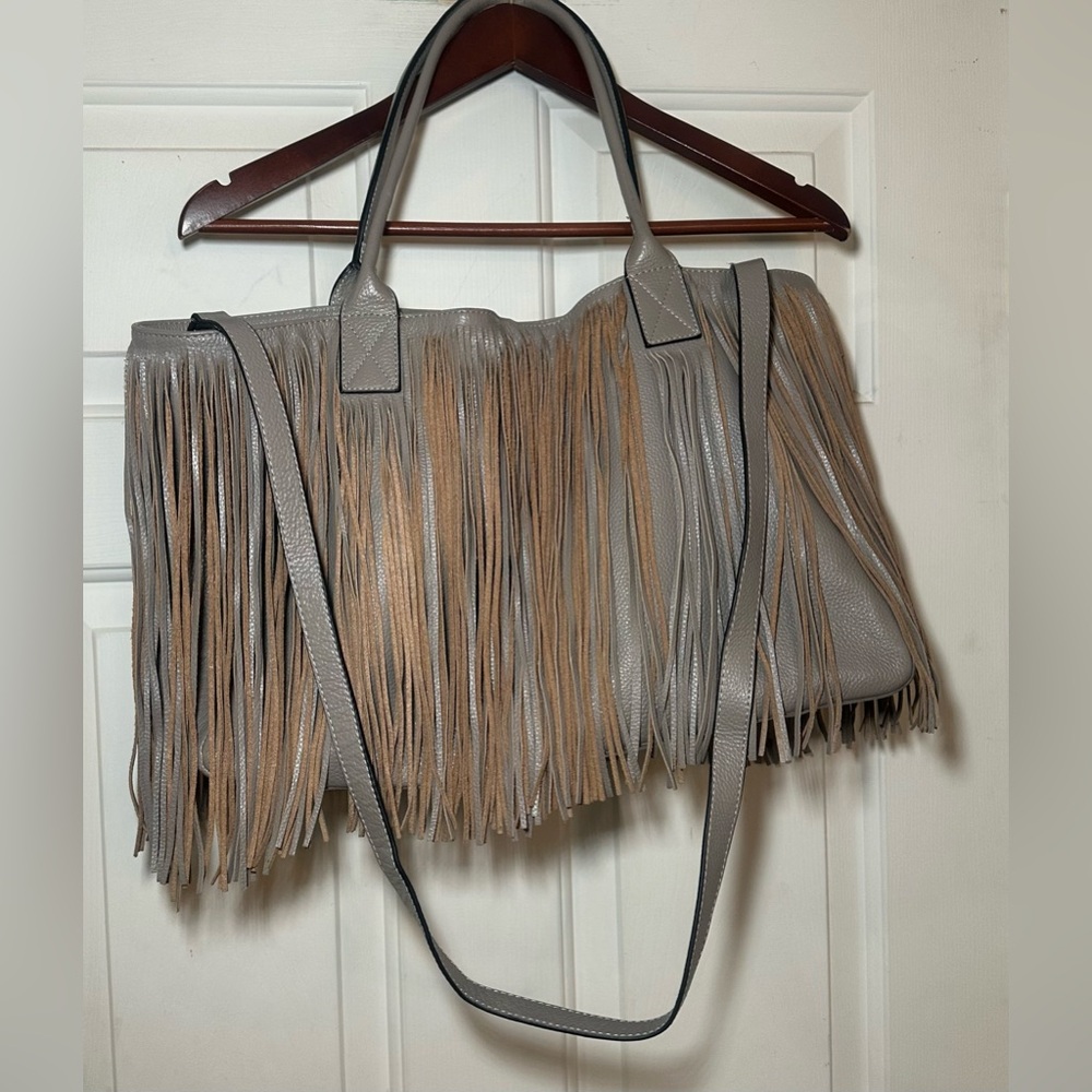 Posse‎ Fringe Leather Gray Bag Tote EUC Purse.